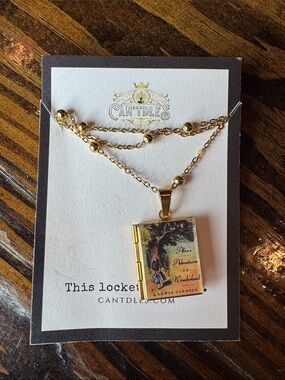 Gold Book Locket Necklace with Alice in Wonderland Cover
